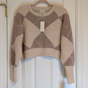 Pink Rose NWT Fuzzy Argyle Sweater Cropped Cozy Eyelash Knit Beige Brown Size M